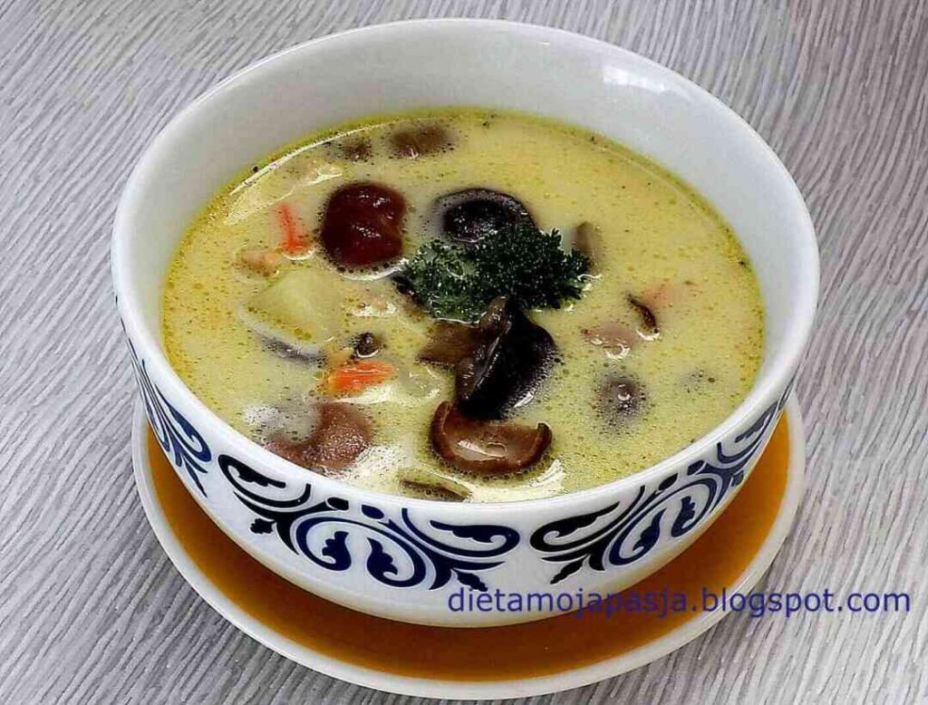 miska z zupą ze świeżych grzybów, ziemniakami i śmietaną - zupa grzybowa